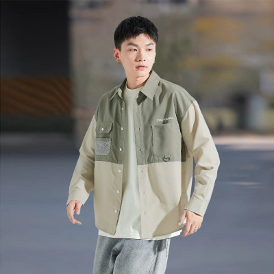 [2.5折价75元]唐狮春款拼接长袖衬衫衬衣男长袖衬衫长袖衬衫男休闲衬衫