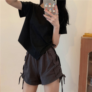不规则抽绳短款短袖T恤新款夏季韩版设计感ins百搭学生辣妹上衣潮