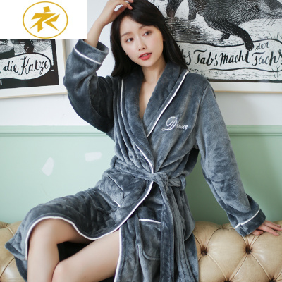 Ideamini情侣款睡袍女秋冬季加厚法兰绒长款浴袍男士珊瑚绒保暖睡衣家居服