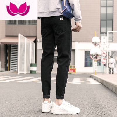 七斓黑色牛仔裤男新款潮牌修身小脚韩版潮流弹力百搭休闲九分裤子