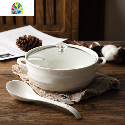 家用8英寸双耳陶瓷汤碗 微波炉汤锅带盖 创意大号纯白盛汤盆 FENGHOU 8英寸双耳保鲜碗带保鲜盖约2800毫升