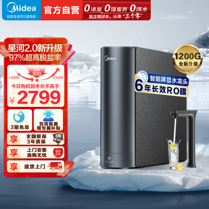 美的(Midea)净水器家用净水机1200G 星河2.0净矿净水器双水直饮 触控式龙头6年RO反渗透矿物质厨下式净饮机