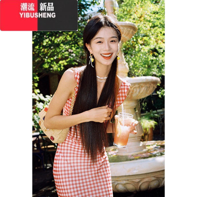 YIBUSHENGYOZO STUDIO/囍番 法式红色格子吊带连衣裙女季荷叶边过膝长裙