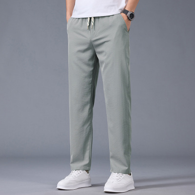 2026年春夏男士休闲裤豆绿抽绳直筒裤冰丝垂感百搭裤修身潮牌