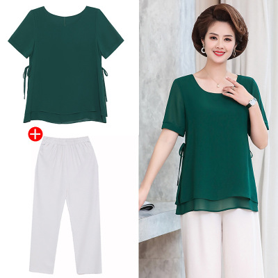 妈妈装夏装套装新款中年妇女夏季雪纺短袖两件套中老年女