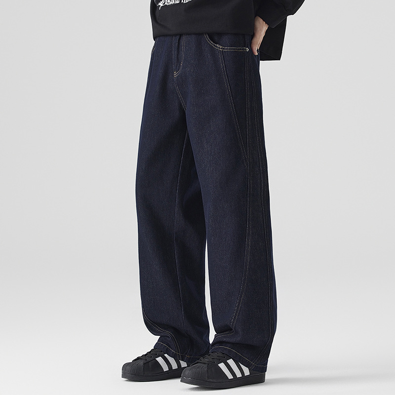 男士重磅明线牛仔裤 深蓝色阔腿工装裤 春夏季薄款休闲裤 男舒适