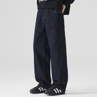 男士重磅明线牛仔裤深蓝色阔腿工装裤春夏季薄款休闲裤男舒适