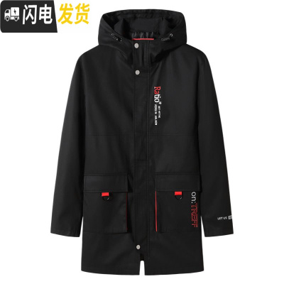 HLCOMAN胖子中长款风衣男春秋加肥加大码连帽夹克肥佬宽松工装外套男潮牌风衣