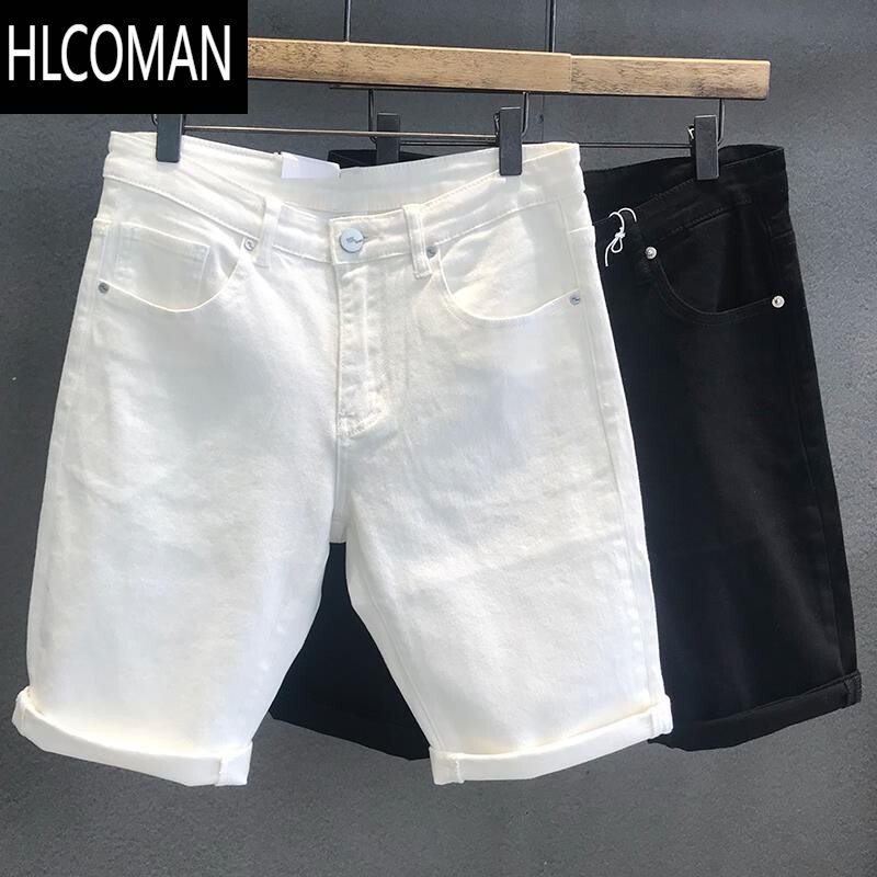 HLCOMAN纯黑九分裤男潮流韩版高端休闲百搭牛仔短裤修身弹力中裤白色
