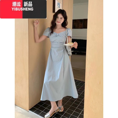 YIBUSHENG十三行法式连衣裙2024新款女季高端精致可露肩气质显瘦短袖长裙