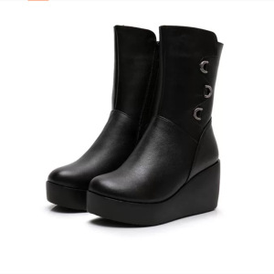 真皮厚底女靴24冬棉靴妈妈圆头增高棉鞋防水台高跟女鞋坡跟雪地靴