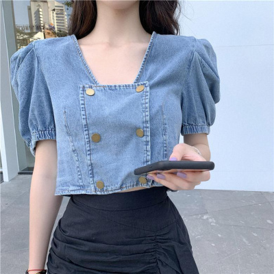 牛仔外套短款泡泡袖上衣女2021新款高腰露脐炸街夏季薄款时尚百搭女士套装名瑞德