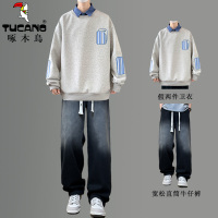 啄木鸟春秋季长袖男士假两件衬衫领卫衣青少年初高中学生潮流套装