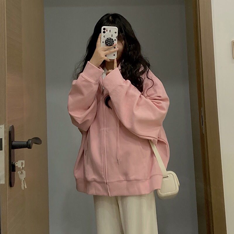 秋季新款韩版华夫格宽松薄款连帽拉链卫衣女外套设计感百搭潮