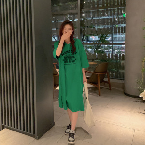6535棉夏季新款韩版宽松字母印花学生开叉短袖中长款连衣裙女INS_800