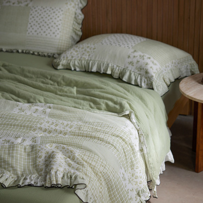 全棉双层纱夏凉被淡雅百家布花边双人夏被四件套纯棉空调被薄被子