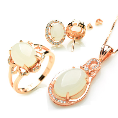 帛兰梓韵天然和田玉白玉三件套925银镶嵌和田玉白玉女款套装玉石项链吊坠耳钉戒指女款玉石首饰套装送证书白玉三件套