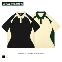 230g重磅双纱潮牌酷棉短袖T恤男装夏季POLO衫潮牌撞色翻领宽松T恤_1