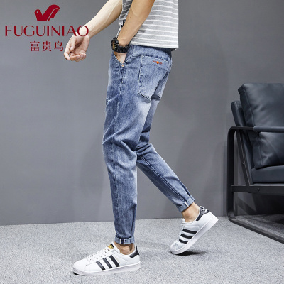 富贵鸟(FUGUINIAO)牛仔裤男夏季潮牌韩版修身2021年新款薄款弹力小脚裤男士九分裤子