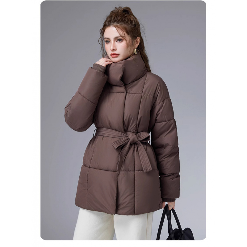 欧洲站冬季新款立领百搭棉衣棉服腰带款时尚简约洋气外套