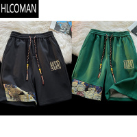 HLCOMAN小熊拼接华夫格短裤男夏季刺绣宽松大码新中式五分休闲运动裤2025