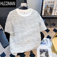 HLCOMAN夏季薄款华夫格条纹短袖T恤男圆领休闲潮牌日系小众设计感半截袖