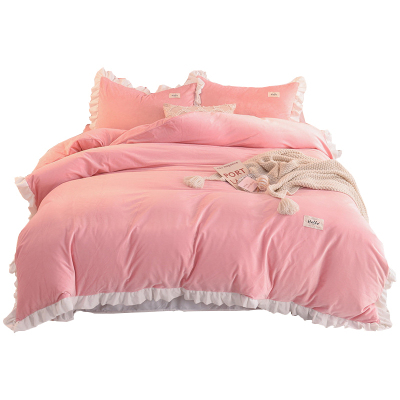 美帮汇冬季四件套绒 双面绒水晶绒带花边被套粉 女法拉绒床单毛绒珊瑚绒
