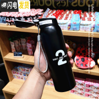 三维工匠大容量创意潮流保温杯男女学生带吸管运动水杯ins风便携健身杯子 黑色数字480送杯刷+吸管刷