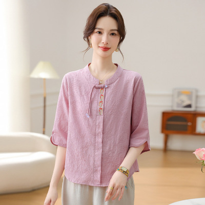 中年女装夏装40岁中老年妈妈装刺绣款上衣女时尚典雅婆婆大码衣服