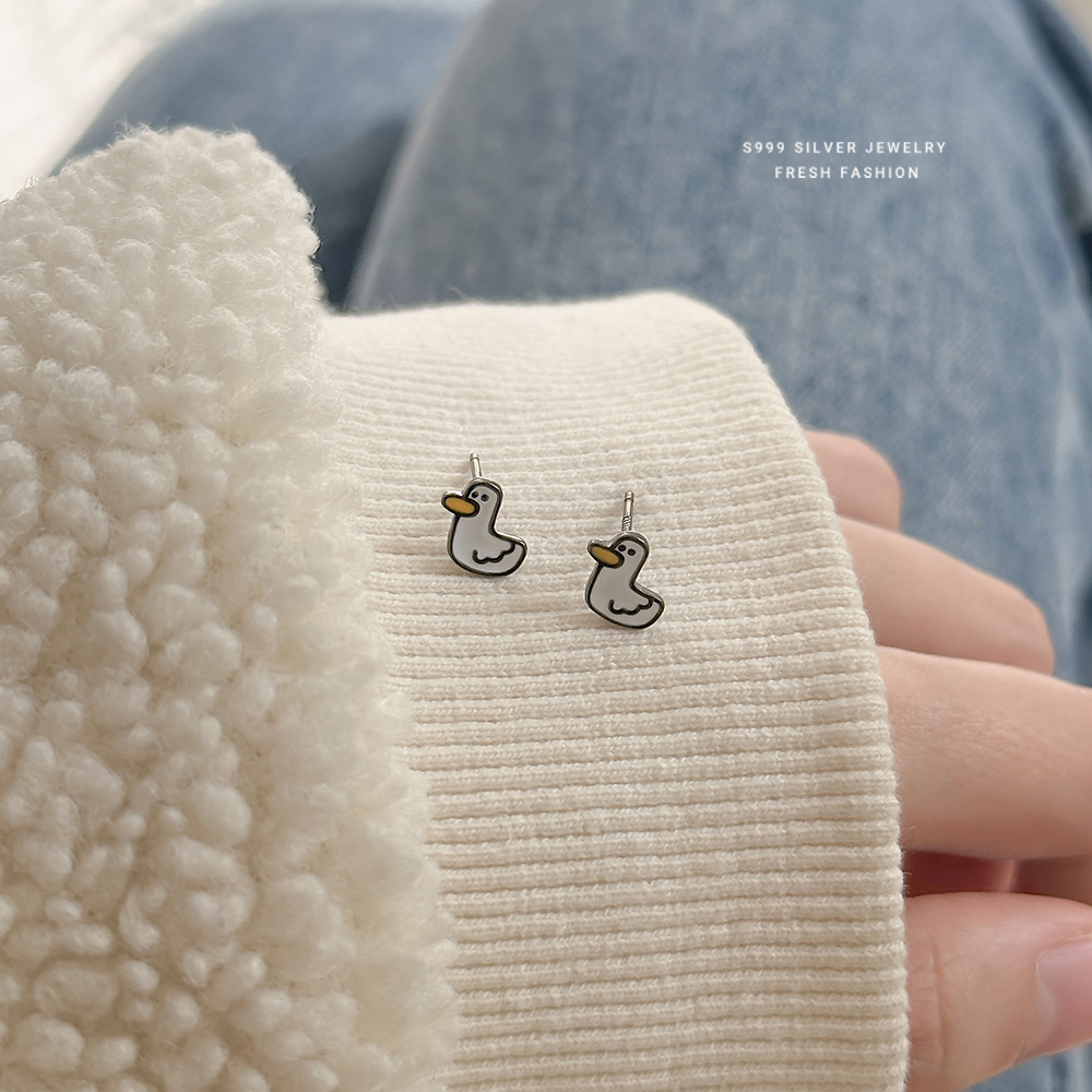 二次元加油鸭子耳钉女s999纯银可爱童趣卡通插画小众滴胶足银耳饰送女朋友老婆情人节七夕生日礼物