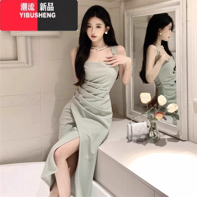 YIBUSHENG气质高级感吊带连衣裙2024新款女设计感小众修身精致收腰法式长裙