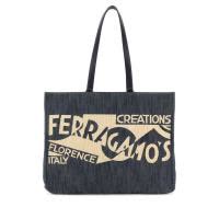Ferragamo女士牛津布金色五金手提购物袋托特包大容量日常通勤收纳包