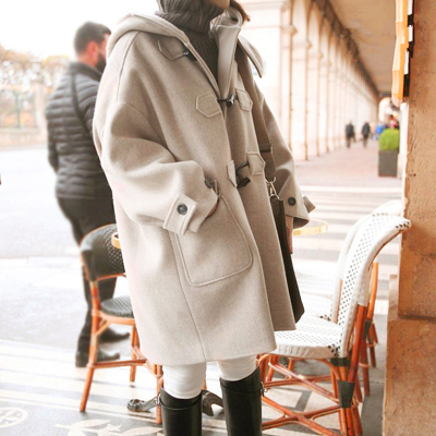 FISHBASKET毛呢牛角扣大衣2020流行学生中长款连帽加厚棉妮子外套女矮个子小毛呢外套