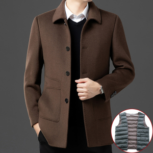 双面呢羊绒大衣可拆卸鹅绒羽绒内胆翻领羊绒呢子连帽双面呢羊绒大衣爸爸保暖秋冬装纯羊毛西装外套冬装新款毛呢外套潮大码男装