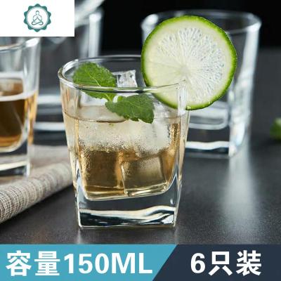 玻璃杯套装水杯家用果汁牛奶杯啤酒杯子耐热泡茶杯客厅6只 封后 [6只装]150ml矮款四角