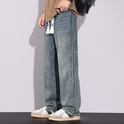 美式复古抽绳牛仔裤男源头工厂侧边三条杠宽松阔腿男士水洗长裤