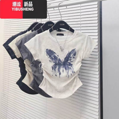 YIBUSHENG扎染蝴蝶正肩T恤女短袖2024ins潮流设计感季显瘦收腰短款上衣衫
