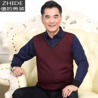 SUNTEK春季中年男士长袖t恤中老年人薄款针织衫爸爸装假两件套单穿上衣T恤