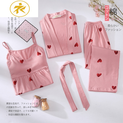 Ideamini睡衣女春秋冬季棉三件套性感吊带胸垫睡袍家居服可爱套装薄款夏