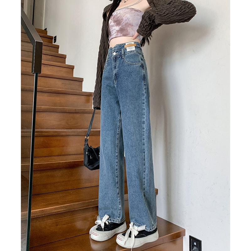 [8.5折价135.9元叠加优惠券]唐狮春夏季新款女牛仔裤高腰阔腿裤复古显瘦直筒拖地裤子女