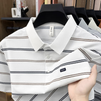 工厂锦氨冰丝口袋男士polo衫2026夏季新款翻领条纹爸爸装T恤