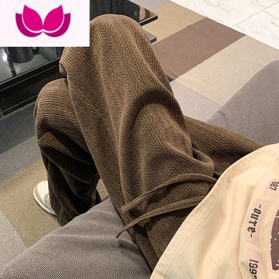 七斓棕咖色设计感裤子男潮牌直筒垂感麦穗纹针织裤美式复古抽绳休闲裤