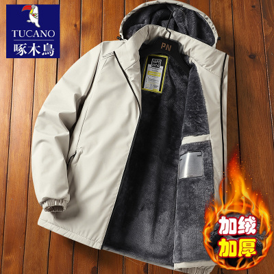 啄木鸟冲锋衣夹克外套男士加绒加厚冬季连帽工装棉服保暖防风棉衣