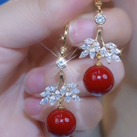 高级感微镶满钻红色树叶珍珠耳环2025年新款潮气质百搭耳坠耳饰女送女朋友老婆情人节七夕生日礼物
