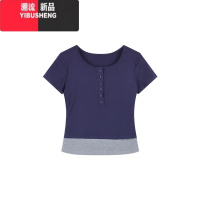 YIBUSHENG设计感纽扣假两件短袖T恤女季复古小众辣妹修身别致短款上衣潮