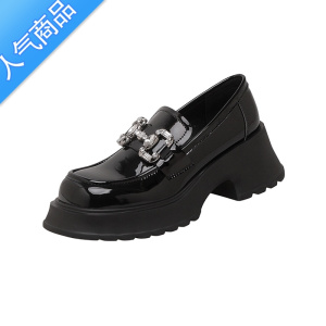 SUNTEK乐福鞋女2023春秋季新款一脚蹬厚底小皮鞋粗跟漆皮亮钻单鞋女