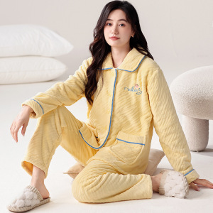 新款珊瑚绒睡衣女秋冬款保暖法兰绒可外翻领穿女士家居服套装_61