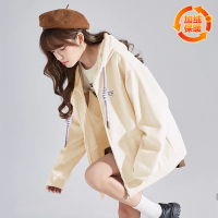 [2.5折价162元]唐狮早春外套女上衣新款连帽卫衣开衫加绒灰色百搭休闲