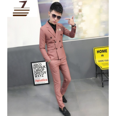NEWLAKE春季西装套装时尚潮夜店型师韩版修身双排扣西服一套男士两件套