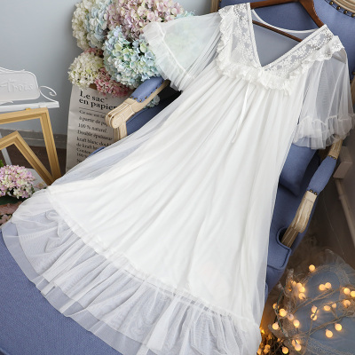 SUNTEK蕾丝睡裙女夏季甜美薄款网纱公主风短袖韩版冰丝少女宫廷睡衣夏天